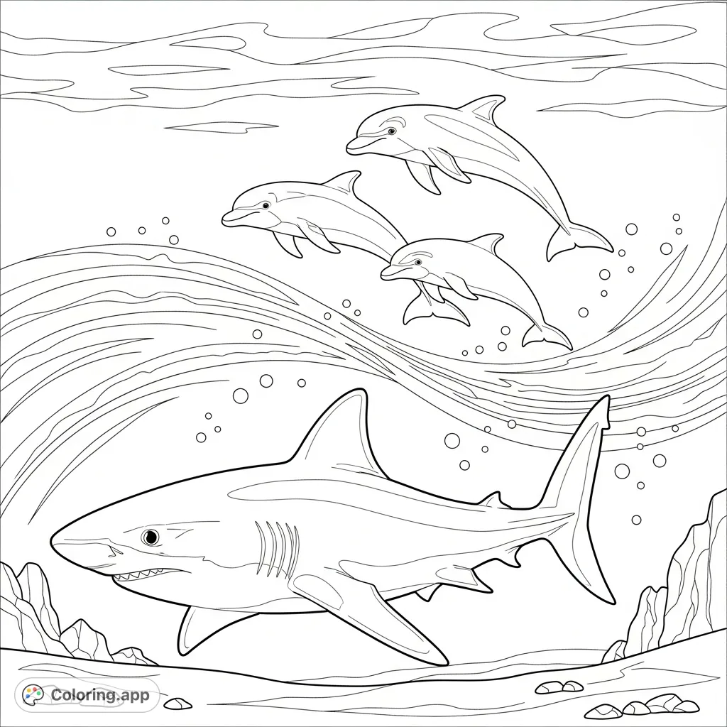 An intriguing underwater scene featuring a majestic shark gracefully swimming alongside three playful dolphins, surrounded by gentle ocean currents.
