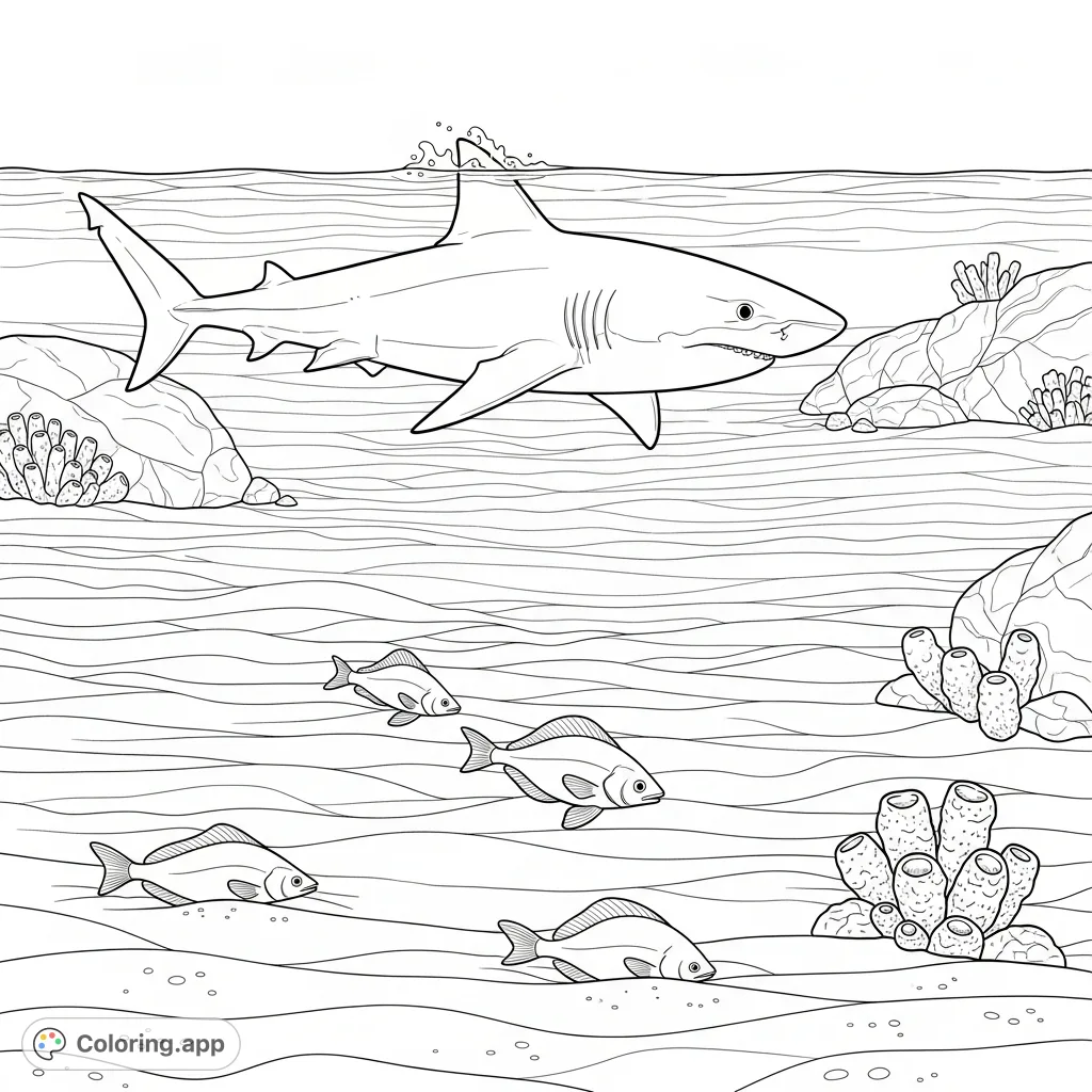 Dive into an underwater world with a powerful shark, hidden flatfish, and textured ocean floor. A thrilling free printable shark coloring page for all ages.