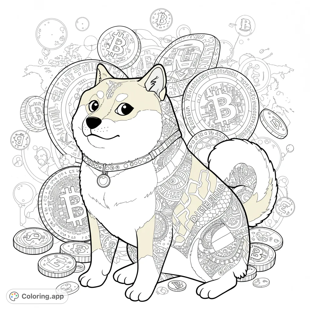 A charming Shiba Inu dog with intricate patterns, surrounded by a bounty of cryptocurrency coins like Bitcoin and Dogecoin, a unique crypto coloring page.