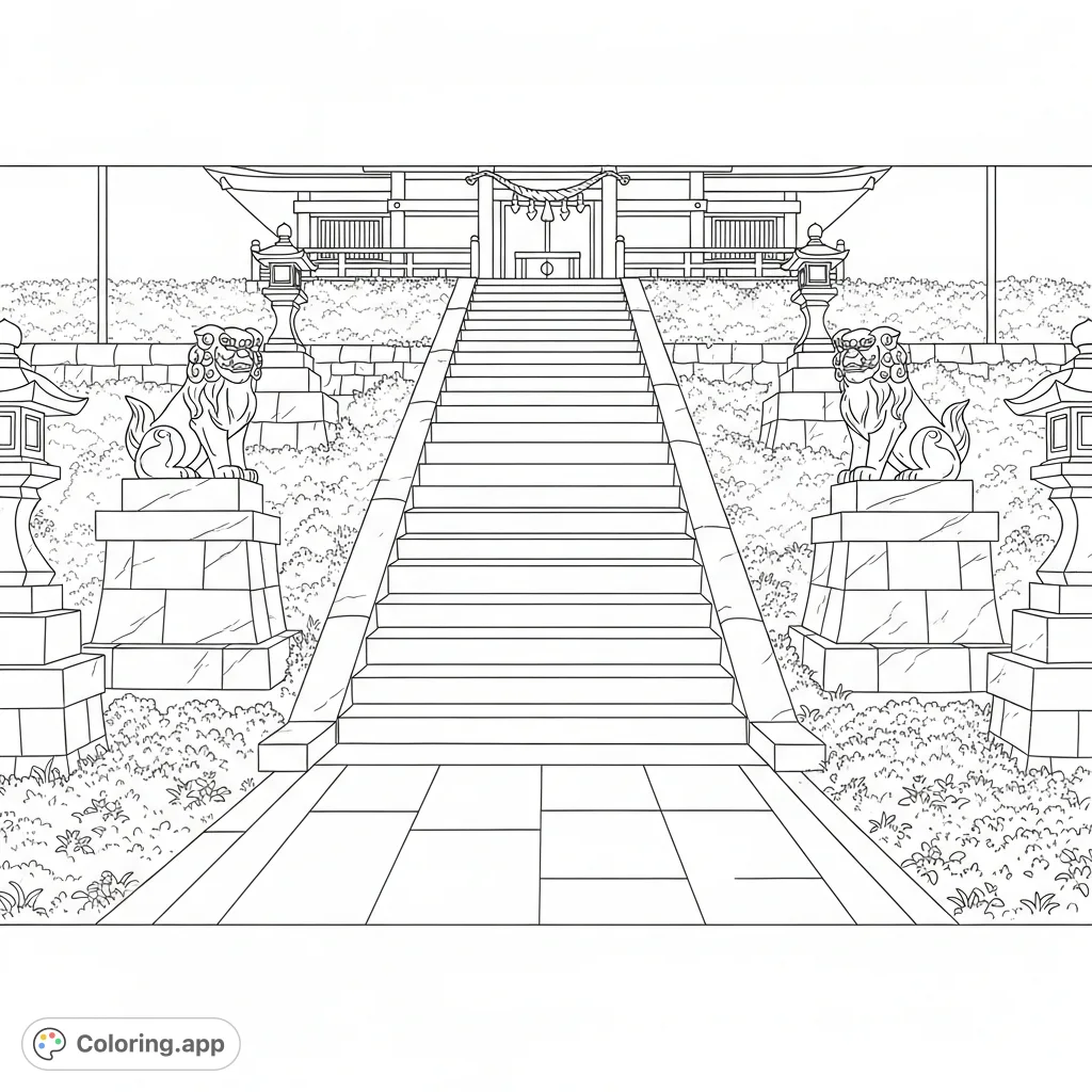 Explore a peaceful shrine courtyard featuring ancient stone steps and simplified guardian statues, inviting quiet contemplation and creative coloring.