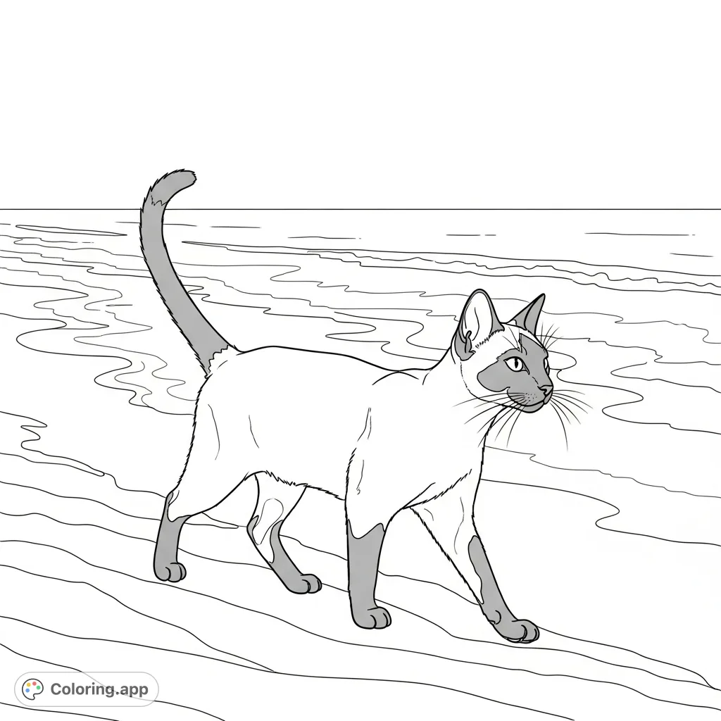 A charming Siamese cat gracefully explores a sandy beach, with gentle waves lapping at the shore. A serene coastal scene awaiting your artistic touch.
