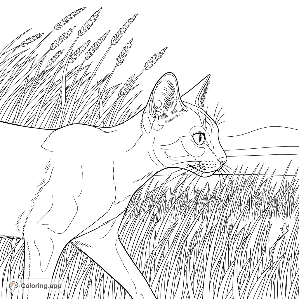 A graceful Siamese cat strides through a field of tall grass, its prominent ears and almond-shaped eyes capturing a moment of focused elegance.