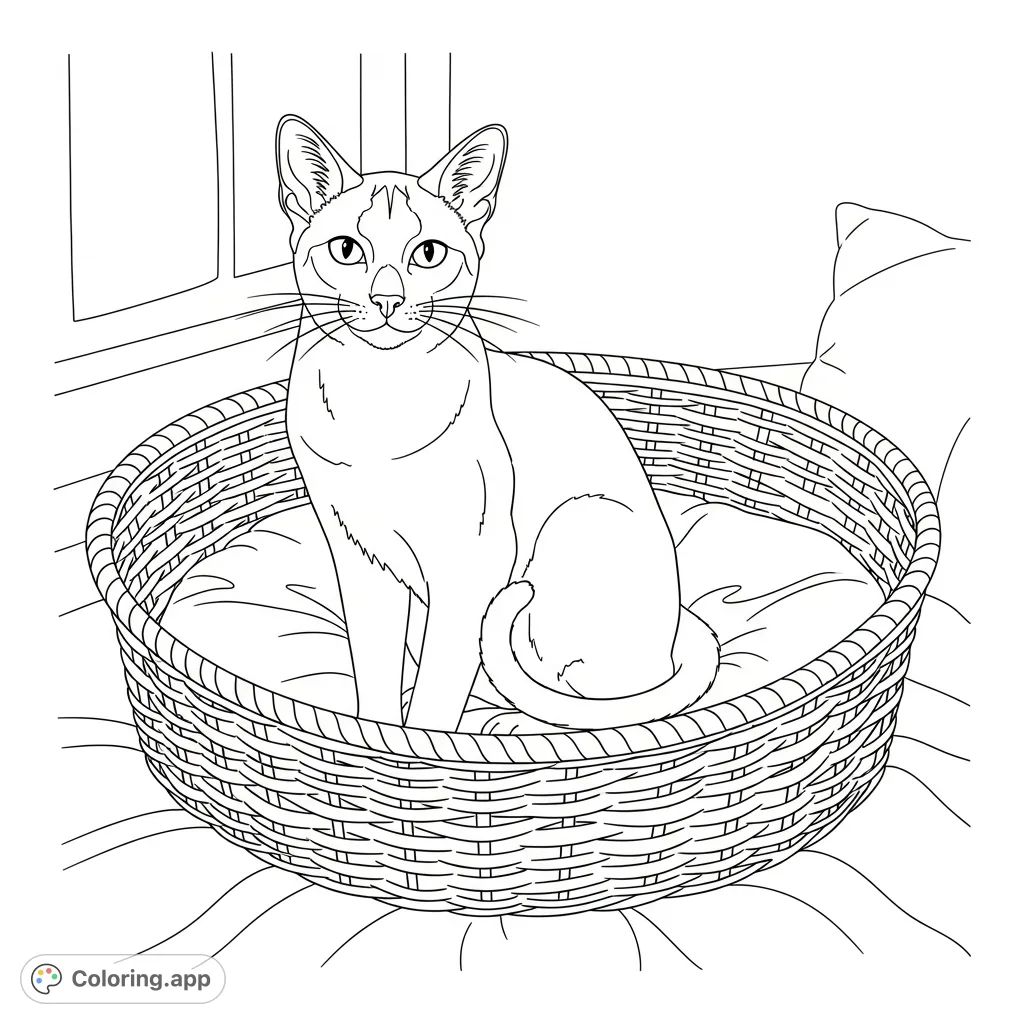 A charming Siamese cat rests gracefully inside a woven wicker basket. Features distinct markings and simplified basket texture for a delightful coloring experience.