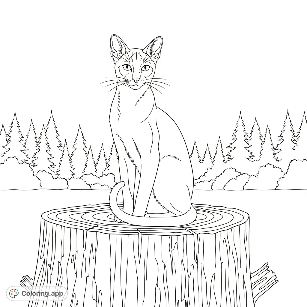 A graceful Siamese cat perched on a textured tree stump, set against a serene backdrop of forest silhouettes. Perfect for nature and animal lovers!
