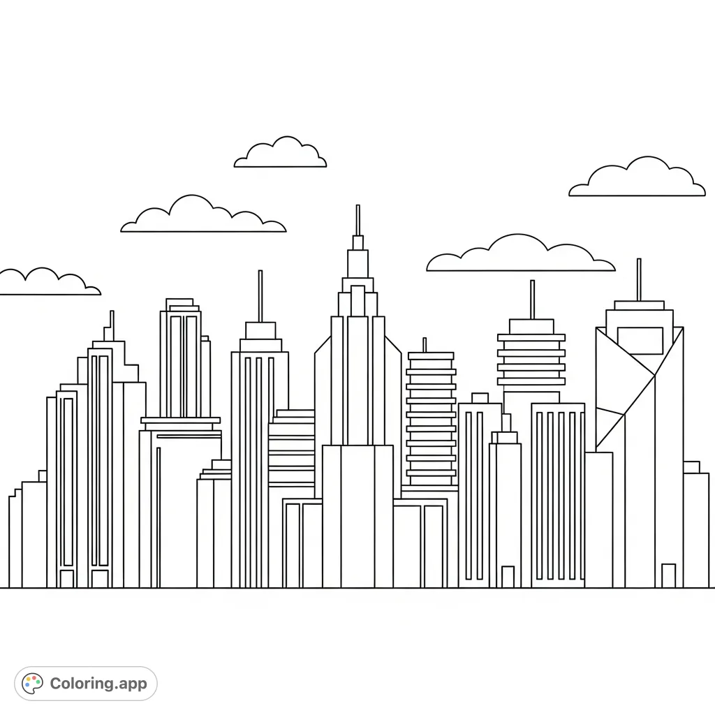 A delightful coloring page featuring a simplified city skyline with iconic buildings and a few puffy clouds. Perfect for budding artists and quick creative breaks.