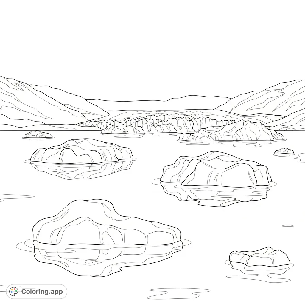 Discover a serene glacier lake with simplified floating ice chunks. This calming scene features smooth water, gentle mountains, and ample space for creative coloring.