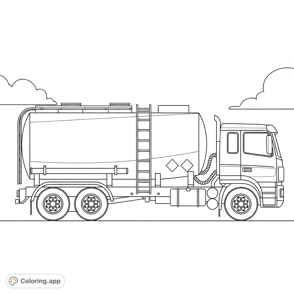 Color a simplified tanker truck with a rounded tank body, visible cab, wheels, and basic ladder/piping. Perfect for beginners or quick relaxation.