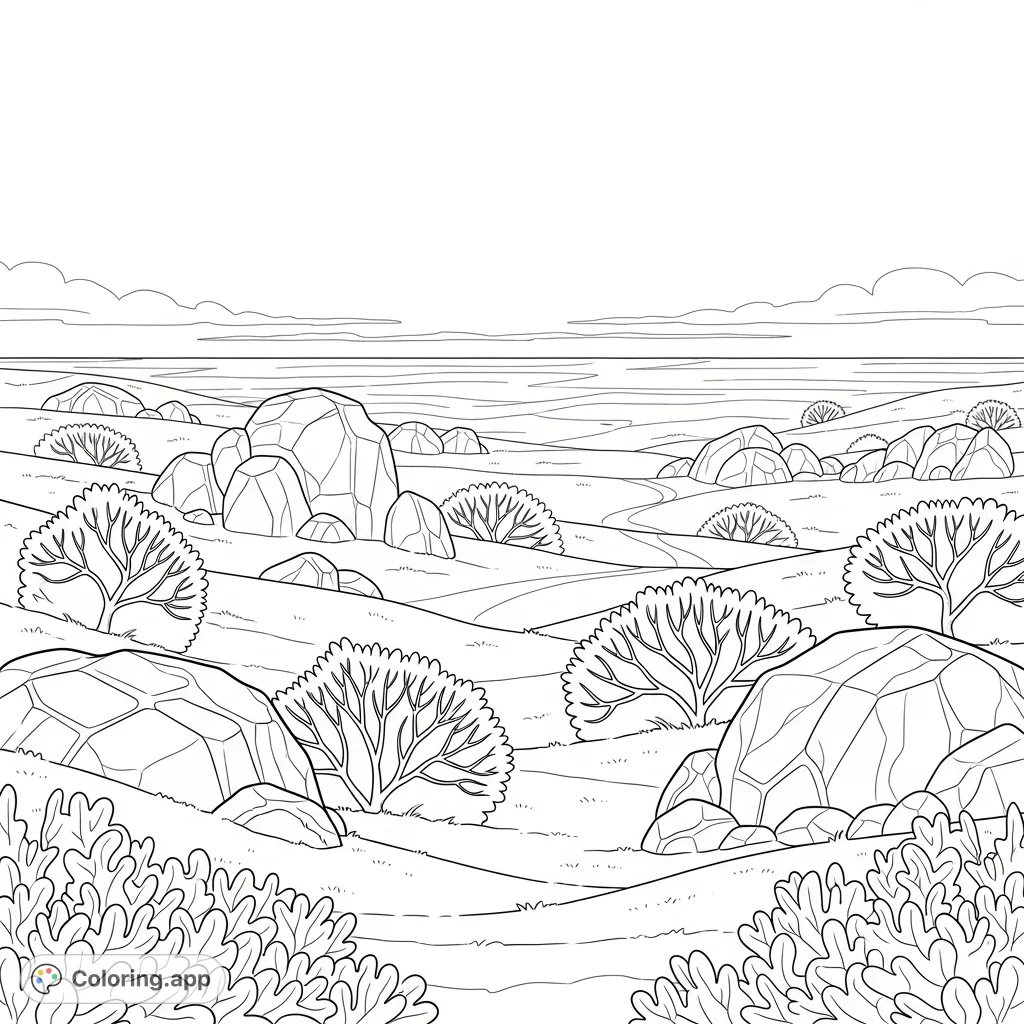 Explore a vast, simplified tundra landscape featuring rolling hills, sparse shrubs, and prominent stone outcrops under an expansive sky. A peaceful nature scene.