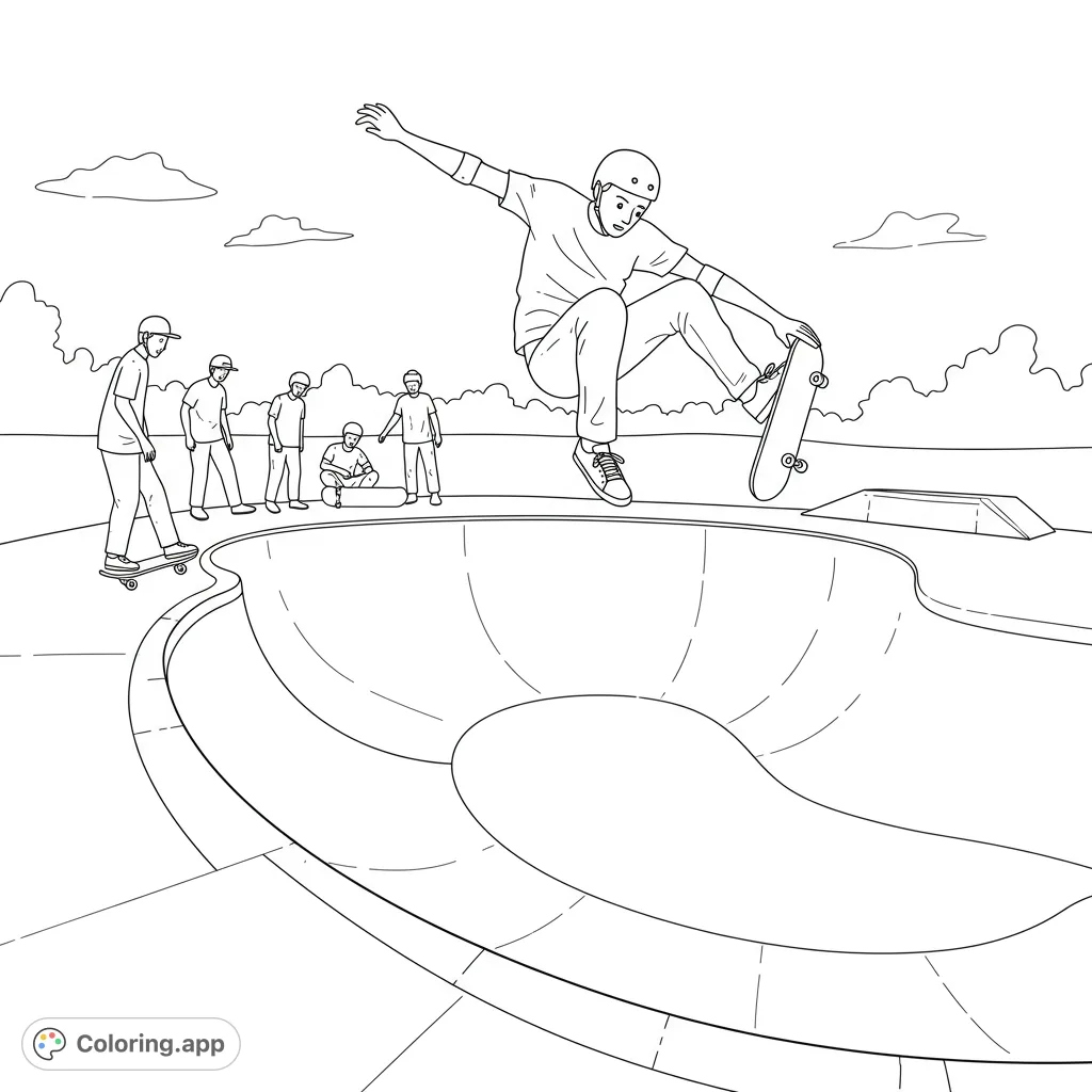 Dynamic skate park action featuring a skateboarder mid-air over a bowl, with friends watching. A free printable skate park coloring page for all ages.