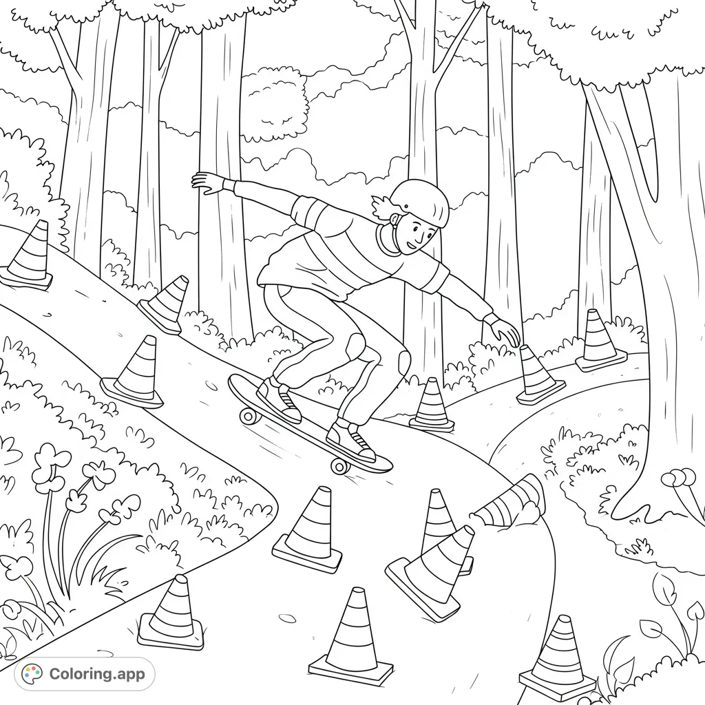A dynamic skateboarding scene with a person navigating an obstacle course of cones on a winding forest path, perfect for an active coloring adventure.