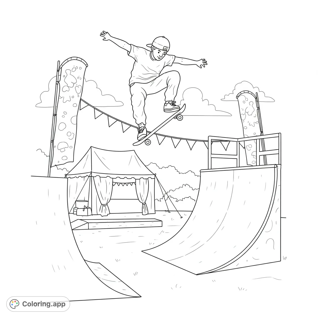 Dynamic skateboarder mid-air over ramps at a vibrant skate park event. A free printable extreme sports coloring page for all ages.