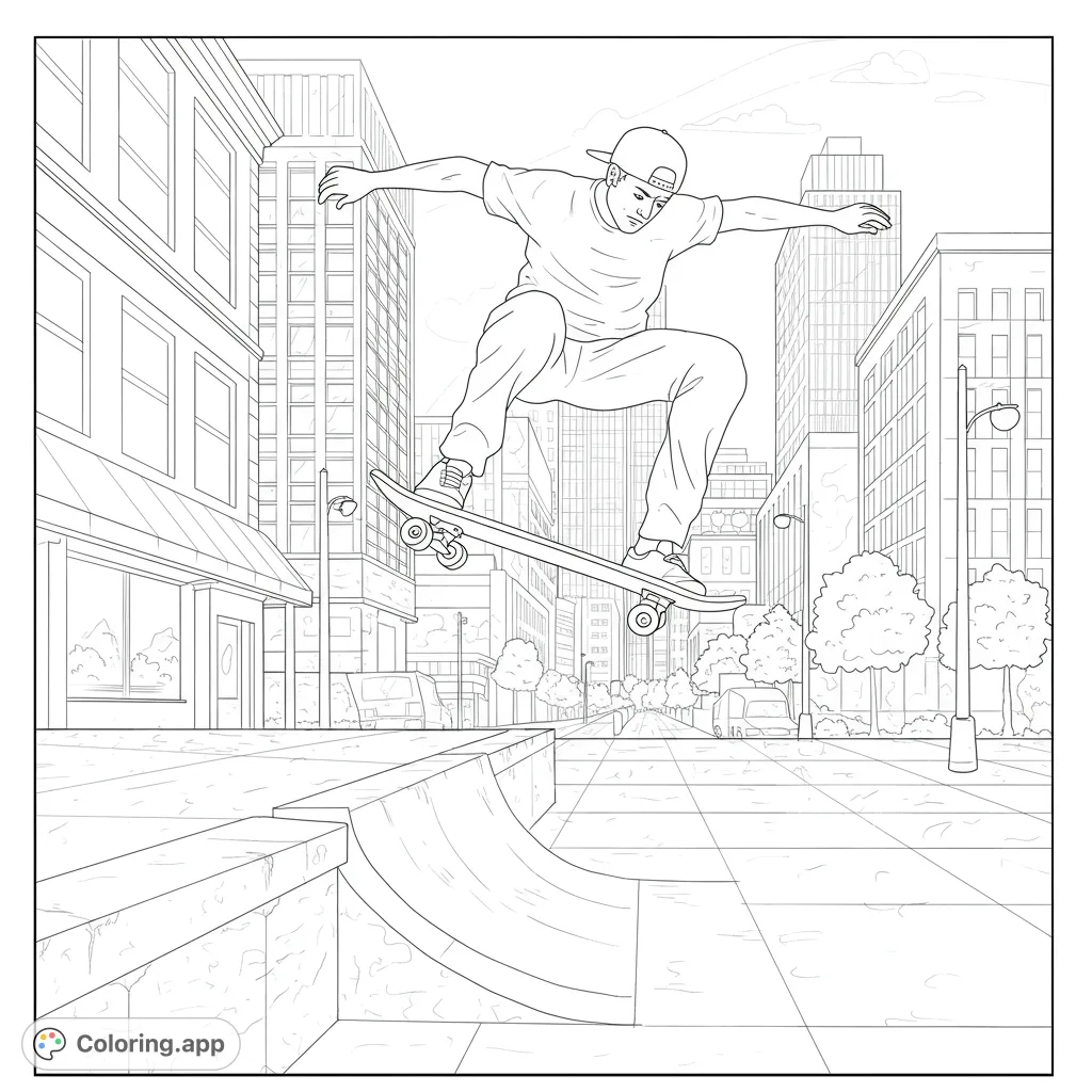 Dynamic skateboarder mid-air over a city street, ready for action. A free printable urban sports coloring page for all ages.