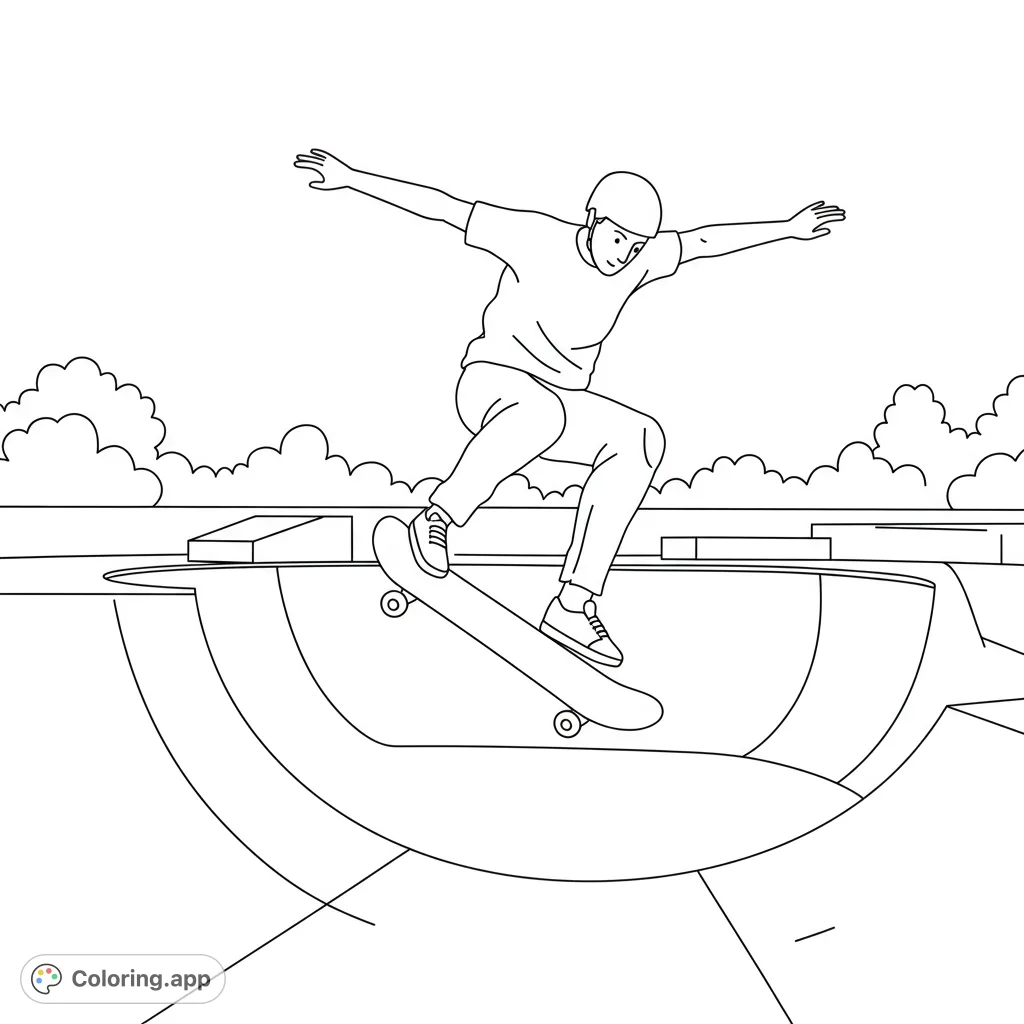 Dynamic skateboarding coloring page featuring a helmeted rider mid-trick in a skatepark. Free printable for action-packed fun!
