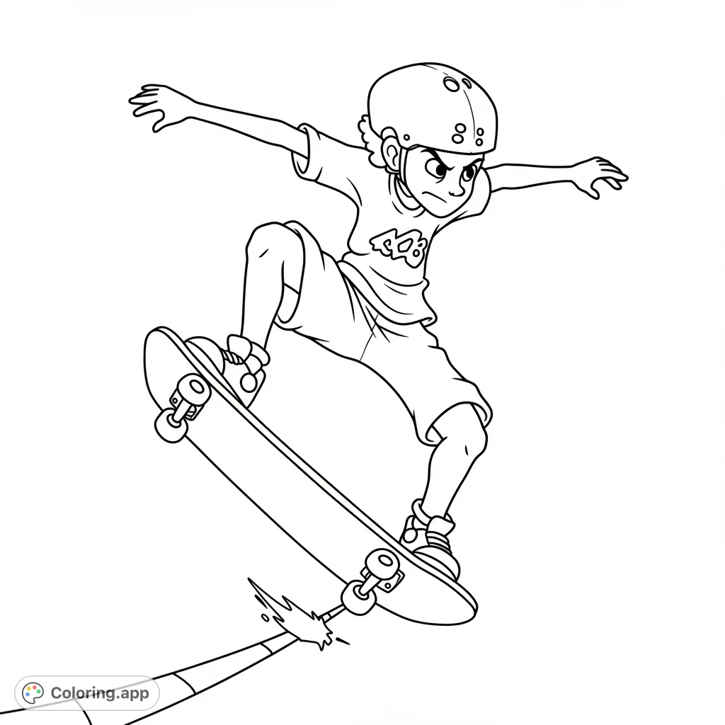 Dynamic skateboarder mid-air, helmeted and focused, performing an exciting trick. A free printable skateboarding coloring page for all ages.