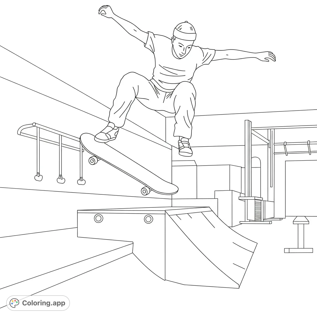Dynamic skateboarder in mid-air over a ramp, perfect for a thrilling skateboarding coloring page. Free printable for all ages!