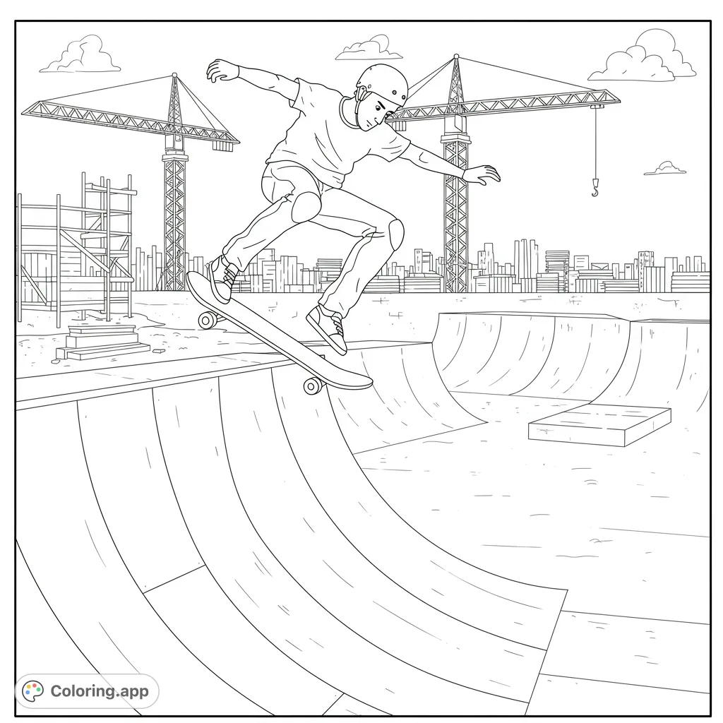 Dynamic skateboarder mid-air over a ramp in a city skatepark, with cranes and skyline in the background. A thrilling action scene for all ages.