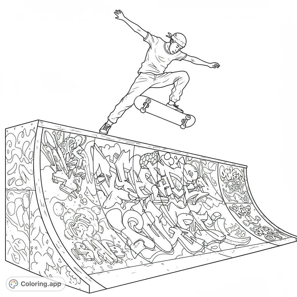 Dynamic skateboarder mid-air over a graffiti-covered skate ramp. Intricate urban art meets extreme sports in this action-packed free printable coloring page.