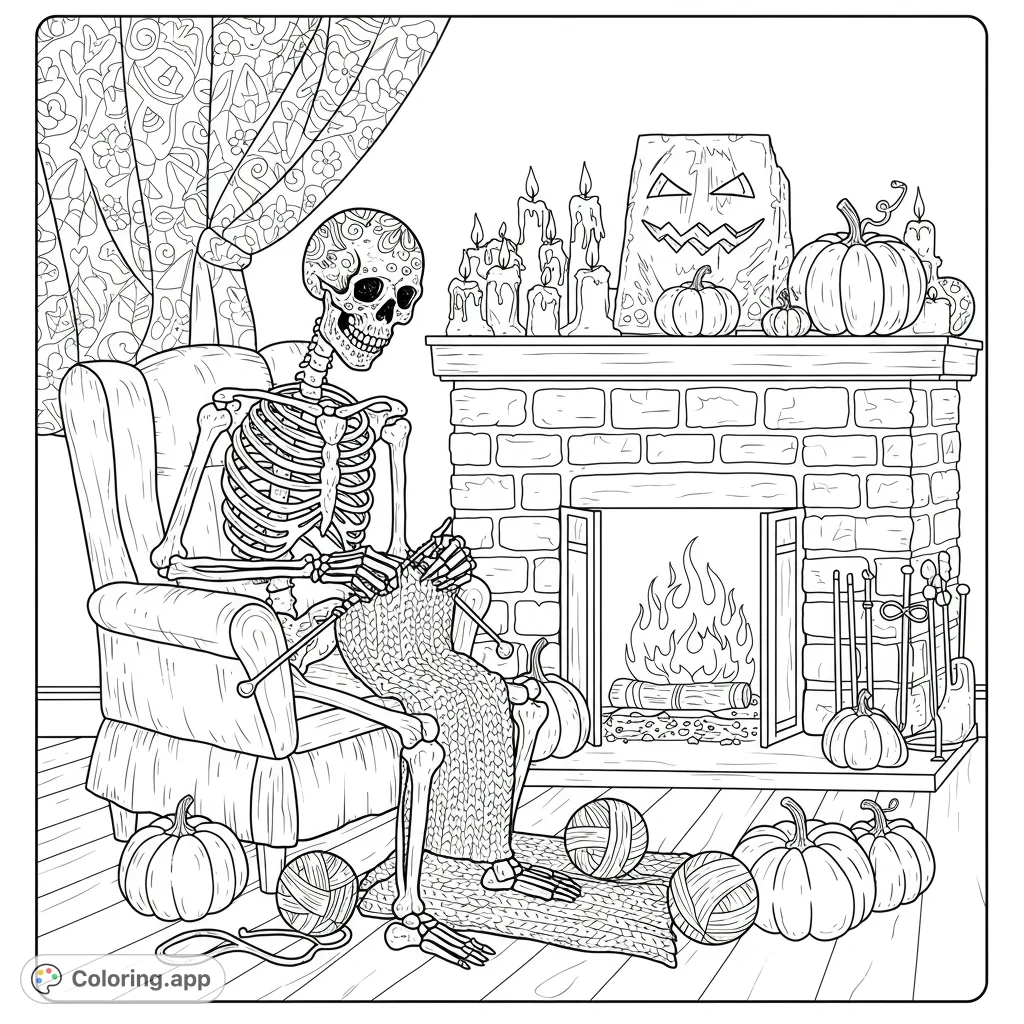 A whimsical skeleton knits by a cozy fireplace, surrounded by pumpkins and candles. A perfect Halloween coloring page for a relaxing, creative autumn activity.