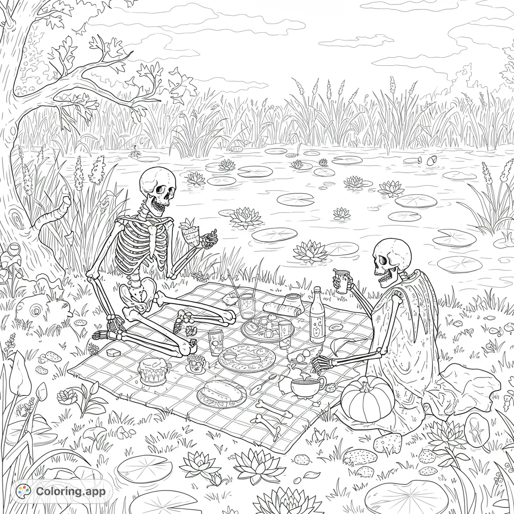 A whimsical skeleton picnic by a pond, featuring two skeletons, a checkered blanket with food, lily pads, and a detailed natural setting. Perfect for spooky fun!