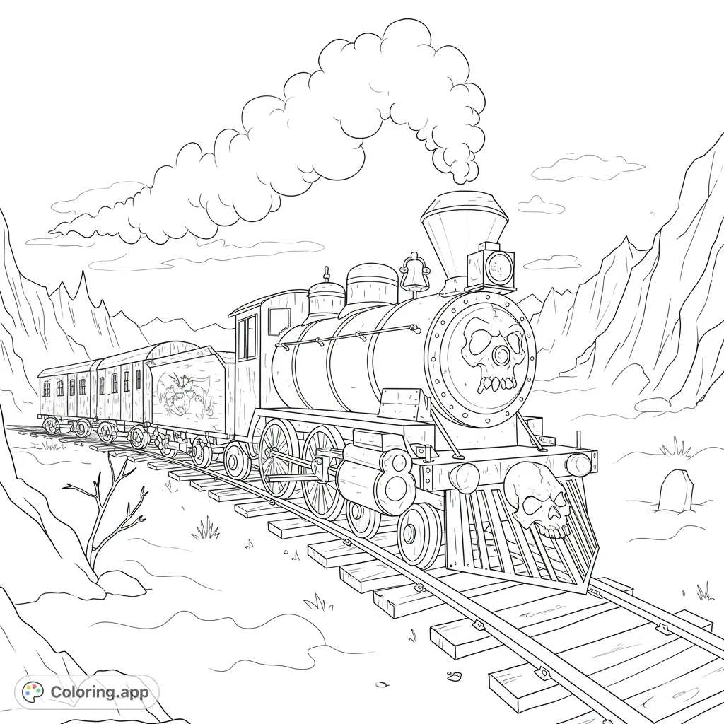 A thrilling steam train with skull motifs chugs through a rugged mountain landscape, perfect for an adventurous coloring journey.