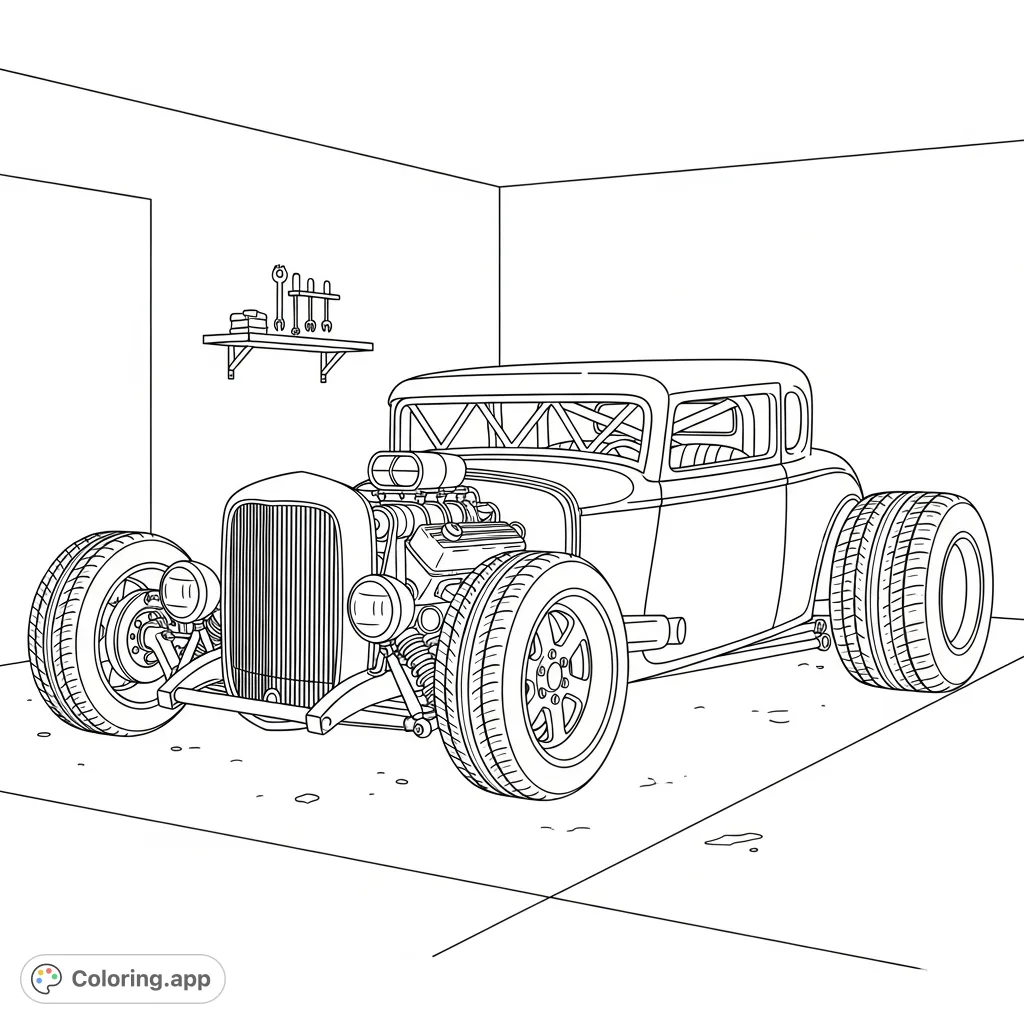 Color a powerful slammed hot rod featuring exaggerated rear tires, a prominent roll cage, and detailed engine, set against a minimalist garage backdrop.