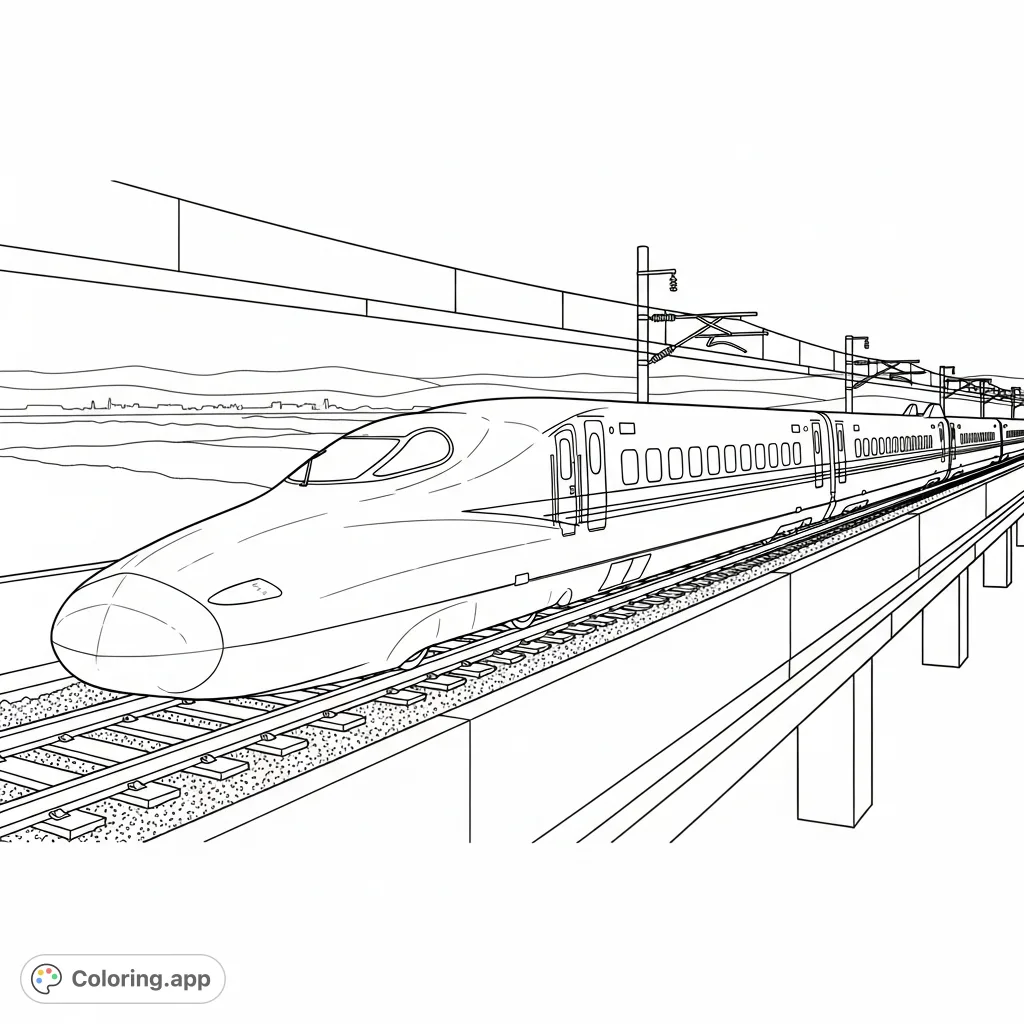 Color a powerful bullet train speeding across tracks through a dynamic landscape. Focus on sleek lines, detailed windows, and background elements.