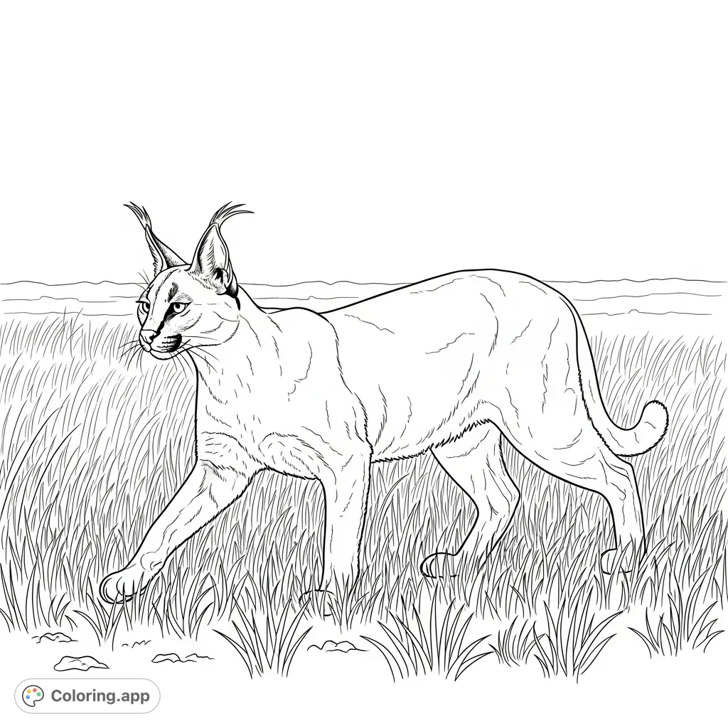 A majestic caracal strides through a vast field of dry, textured grass, its sleek body and distinctive tufted ears captured in an elegant pose.