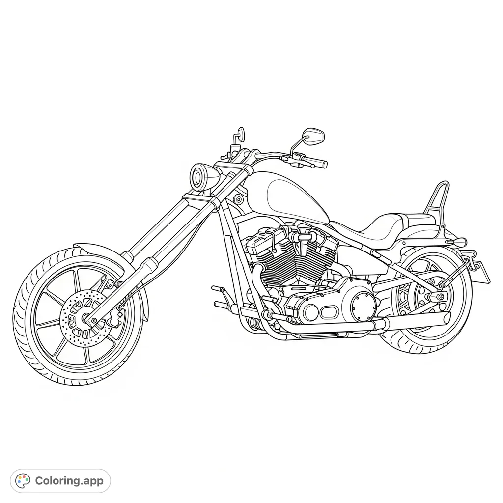 Detailed chopper-inspired cruiser coloring page with a long fork, minimalist rear section, and clean outlines, perfect for motorcycle enthusiasts.
