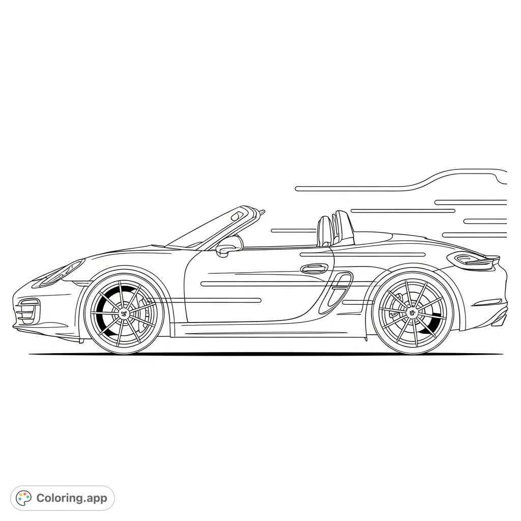 A detailed coloring page featuring a sleek convertible car, resembling a Porsche Boxster, shown in a dynamic side profile with its top down and wind lines.