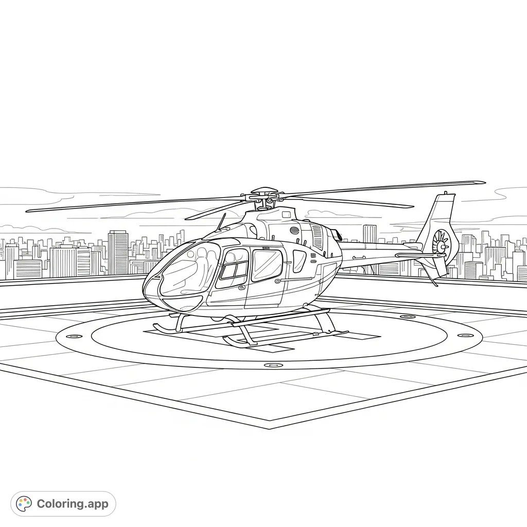Color a sleek corporate helicopter parked on a geometric rooftop helipad with a minimal city skyline backdrop. A modern, sophisticated scene.