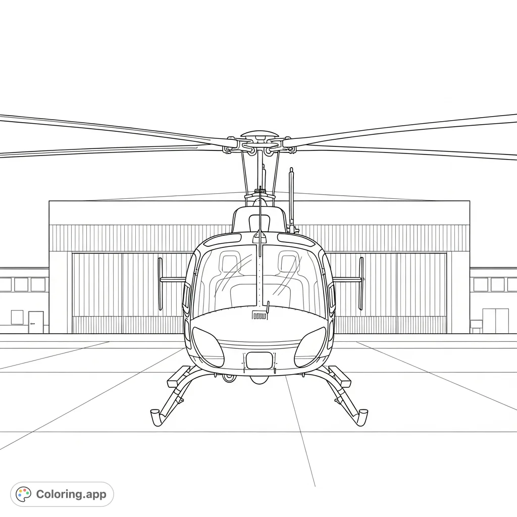 Color a modern helicopter parked impressively before a large hangar. A perfect scene for aviation enthusiasts with clean, distinct structural lines.