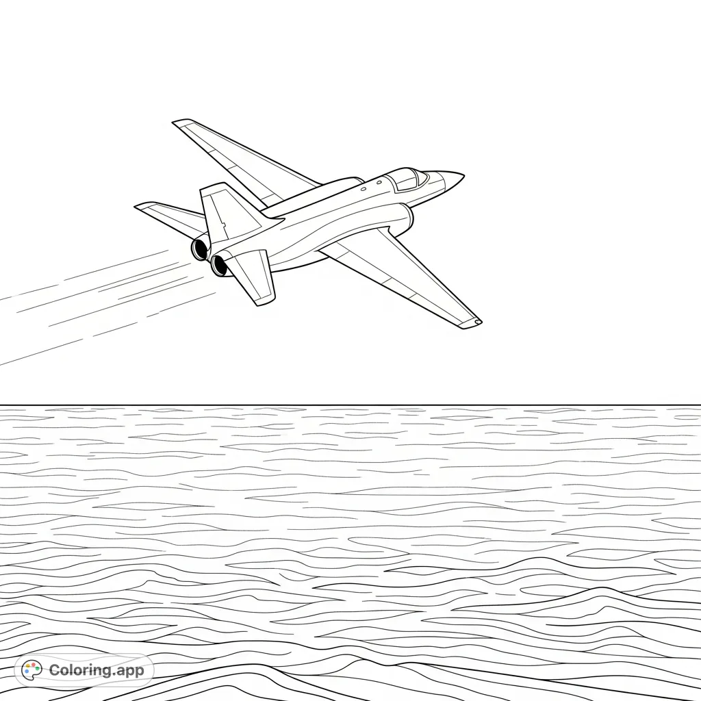 A powerful jet with swept-back wings gracefully soars high above a vast, serene ocean, where gentle waves are depicted with smooth, flowing lines, offering an exhilarating scene.