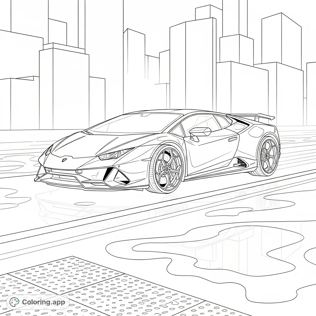 A sleek Lamborghini Huracán EVO gleams on a rain-slicked city street, reflecting distant city lights and streaking streetlights. A detailed urban luxury car coloring page.