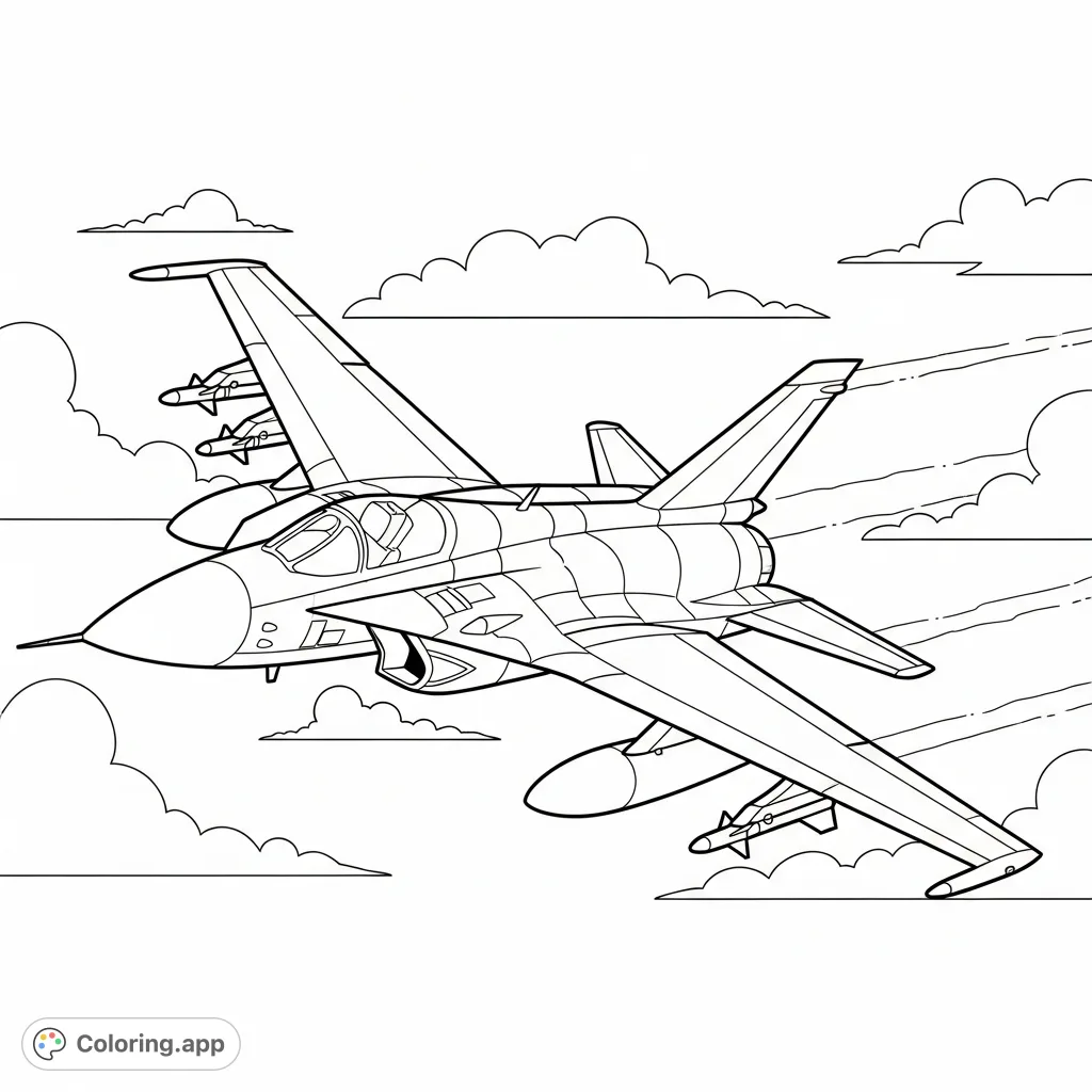 A powerful military jet airplane with sleek, swept-back wings soars through a cloud-scattered sky, ready for action. Perfect for aviation enthusiasts!