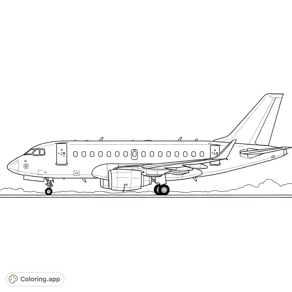 Detailed narrow-body jet coloring page featuring essential panel lines, windows, and engine details in a clean profile view against a subtle sky.