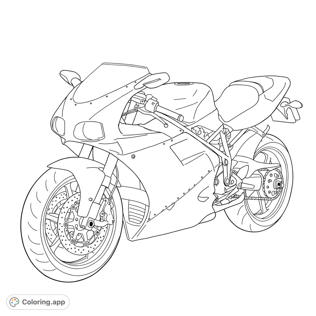 A dynamic sport motorcycle coloring page, perfect for vehicle enthusiasts. Features intricate details like disc brakes and engine components for a challenging color experience.