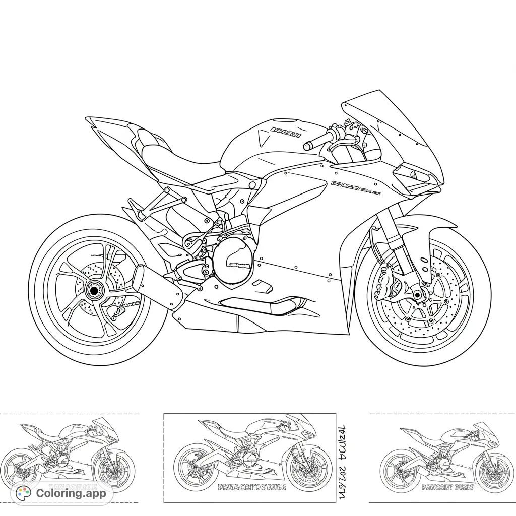 Detailed sport motorcycle coloring page, perfect for vehicle enthusiasts. Features sleek design, intricate wheels, and engine details.