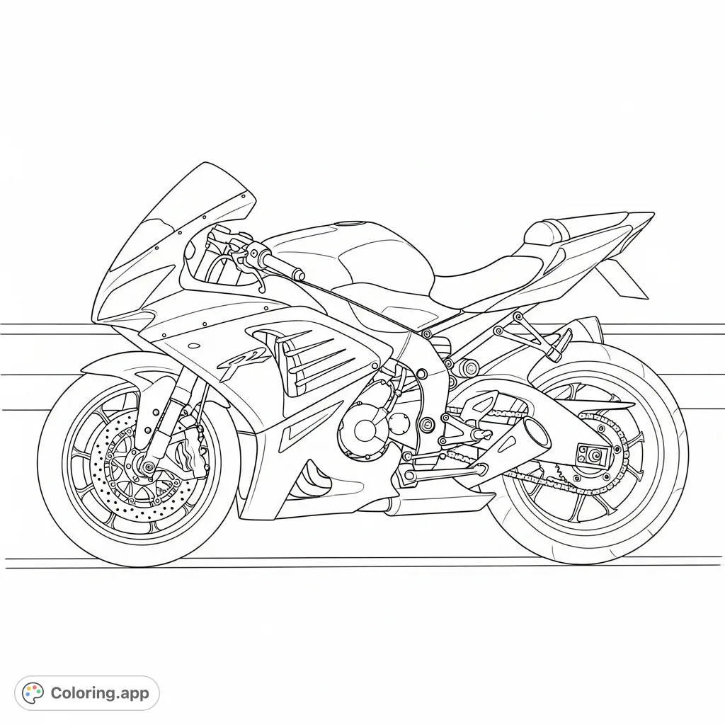 Unleash your creativity with this detailed sportbike coloring page. Features a high-performance motorcycle in a dynamic side profile, perfect for enthusiasts.