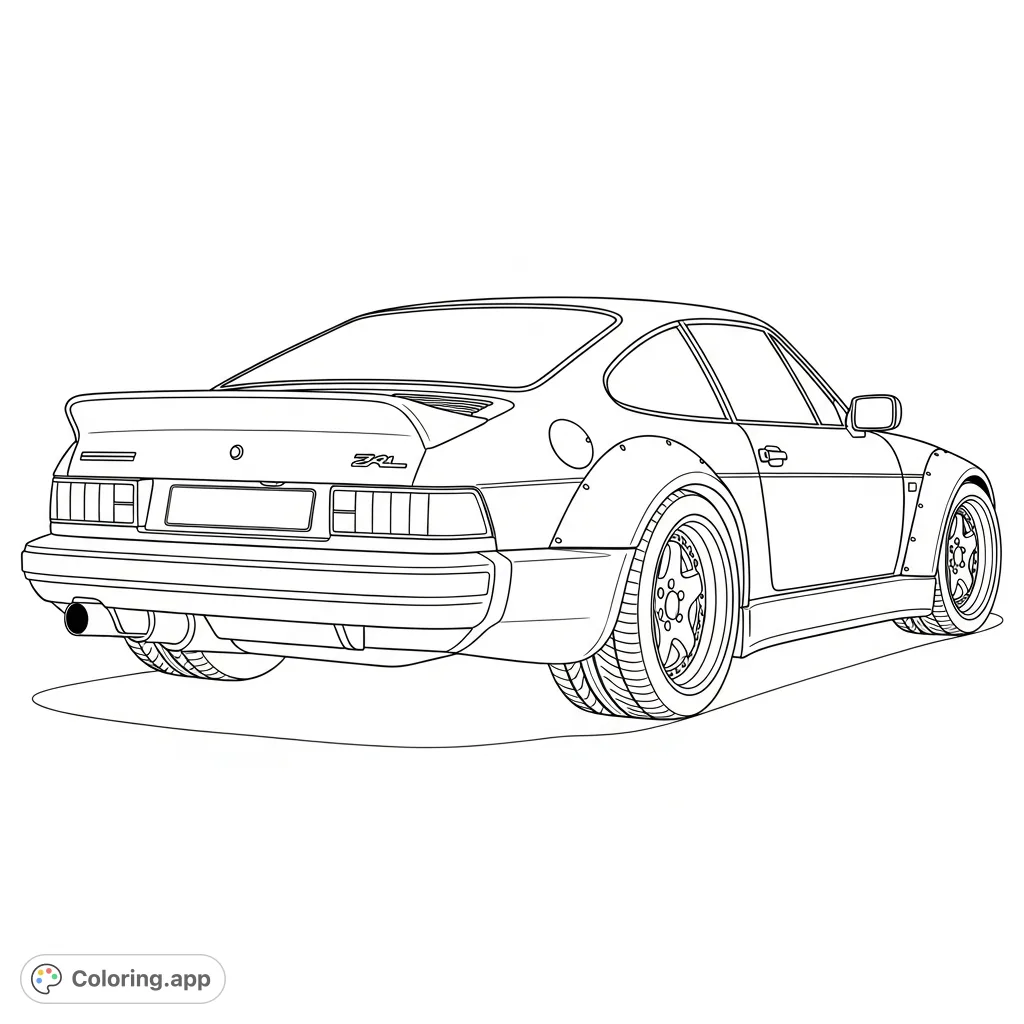 A dynamic rear three-quarter view of a powerful sports coupe with wide fenders and intricate details. Perfect for car enthusiasts of all ages.