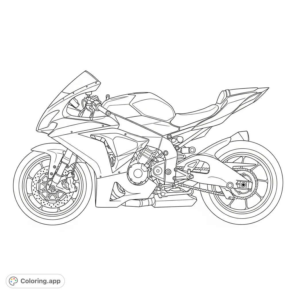 A detailed superbike coloring page, featuring a high-performance motorcycle in side profile with simplified exposed engine contours. Perfect for enthusiasts.