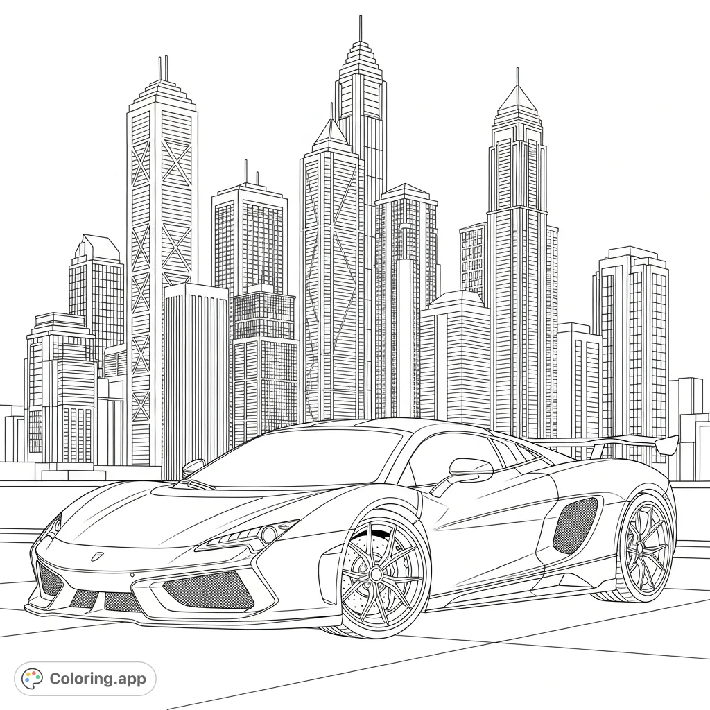 Color a dynamic scene featuring a powerful supercar against a backdrop of towering, modern city skyscrapers. Perfect for car enthusiasts!