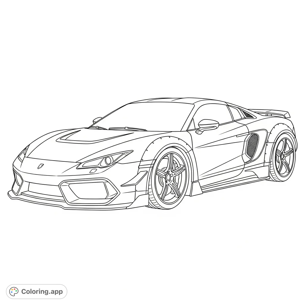 Experience the thrill of speed with this detailed supercar coloring page. Featuring a wide stance, sleek lines, and bold intakes for a dynamic feel.