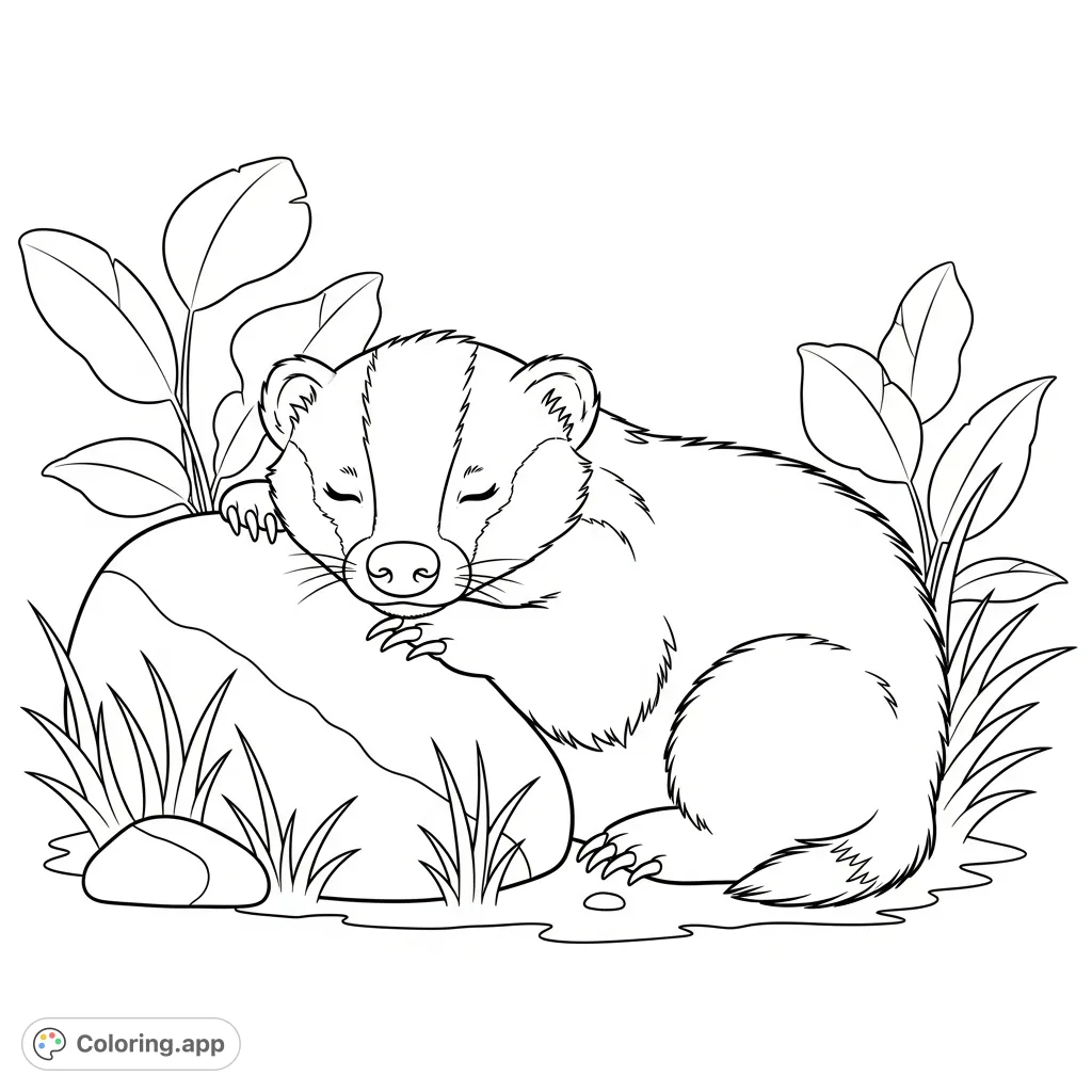 A heartwarming coloring page featuring a peaceful baby badger napping beside a smooth rock, surrounded by simplified grass and plants. Perfect for relaxation.