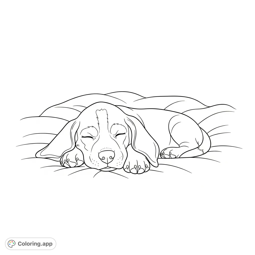 Adorable beagle puppy peacefully sleeping curled up on a soft blanket, perfect for a relaxing coloring session. Features gentle lines and charming details.