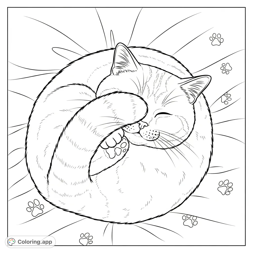 A fluffy British Shorthair cat peacefully sleeps, curled in a tight ball with its tail wrapped around its nose, set against a cozy, simple bedding background.