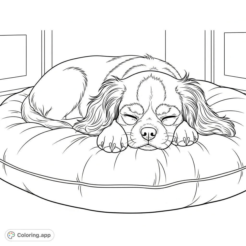 A sweet Cavalier puppy peacefully sleeping on a soft cushion. Features detailed fur textures and gentle folds, perfect for a relaxing coloring experience.