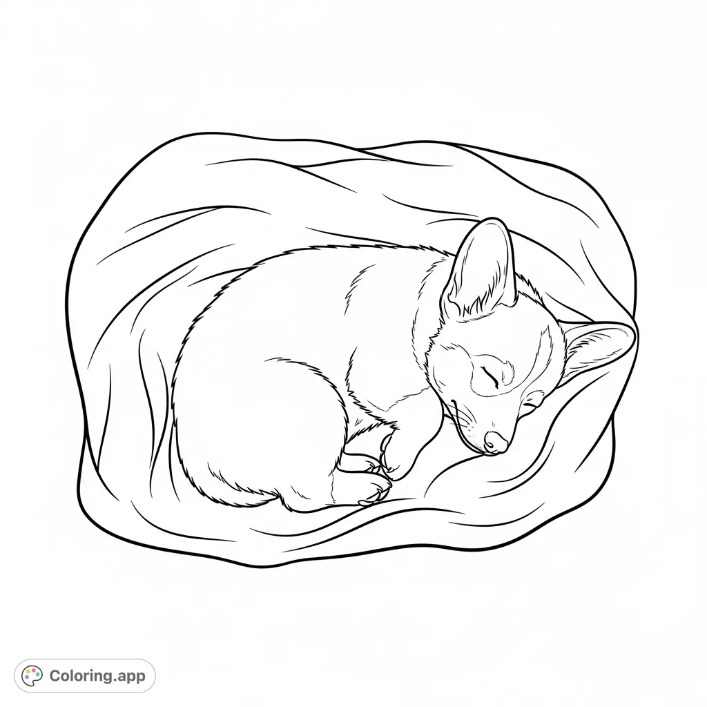A peaceful corgi puppy is curled up and fast asleep within soft blanket folds. This heartwarming scene offers a delightful coloring experience.