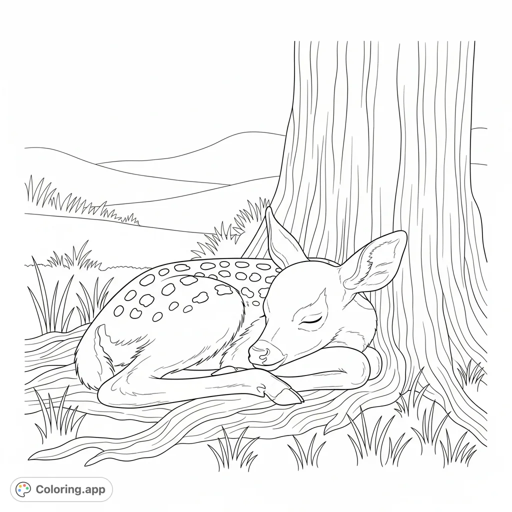 A peaceful fawn rests curled up beside a textured tree trunk, surrounded by soft, natural background elements. A serene scene for quiet reflection.