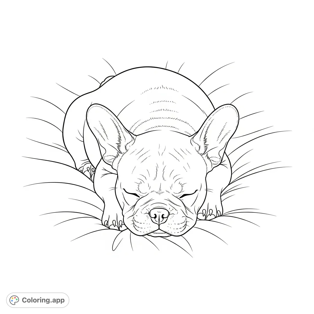 A charming coloring page featuring a French bulldog puppy peacefully sleeping, curled on a soft blanket. A heartwarming and calm scene.