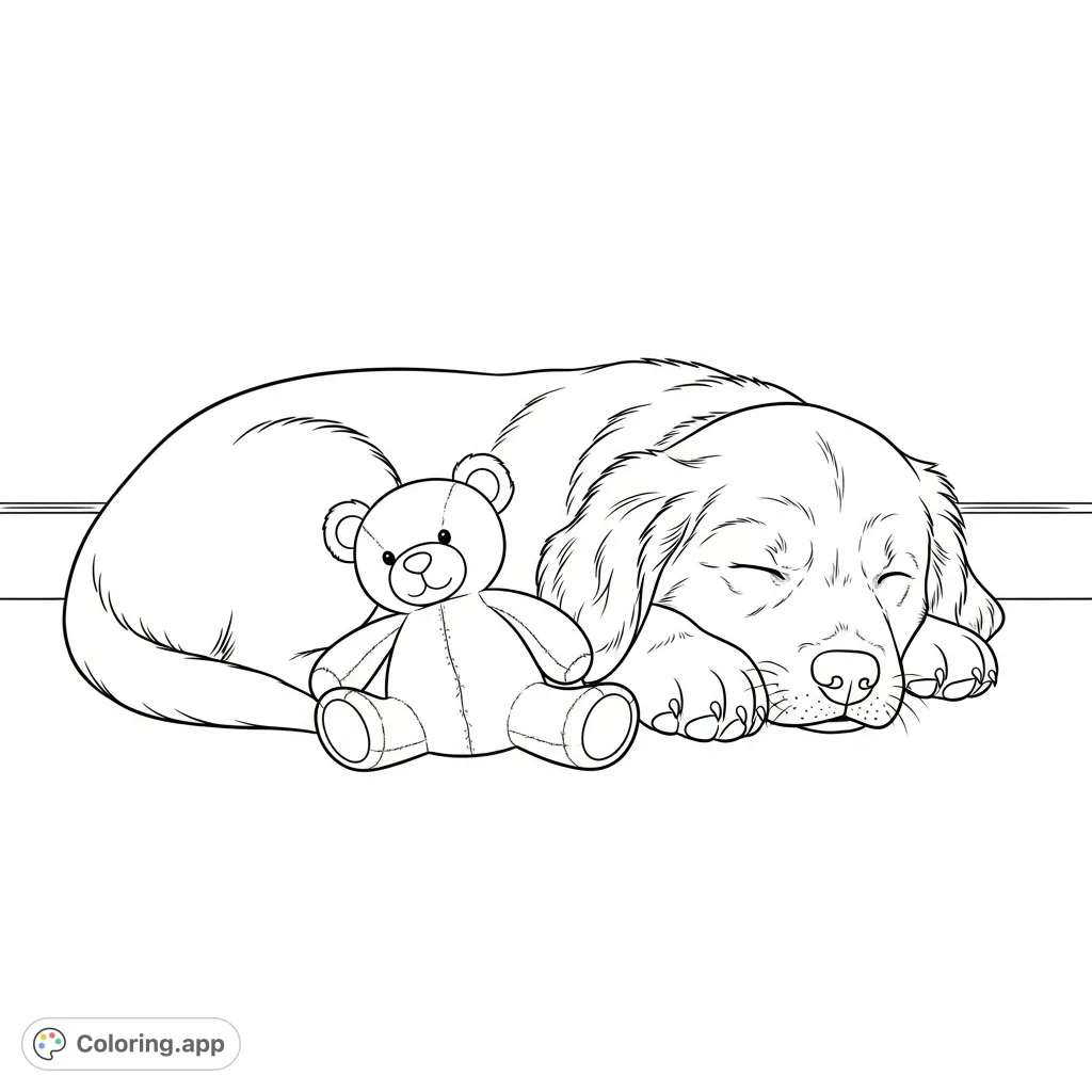 A heartwarming coloring page featuring a golden retriever puppy curled up, fast asleep beside a plush toy in a simplified indoor setting.